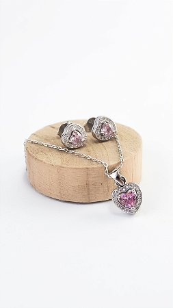 CONJUNTO DE PRATA 925 CORAÇÃO ROSE