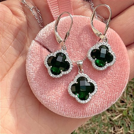 CONJUNTO DE TREVO VERDE ARGOLINHA PRATA 925