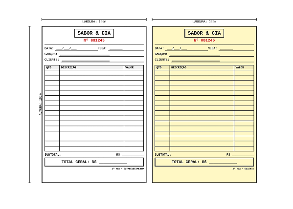 Comanda Personalizada 10x15cm Auto-Copiativa Numerada 50x2 vias