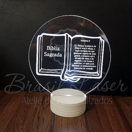 Abajur Luminária Bíblia Sagrada de Led sem Fio com o nome que desejar com Acrílico Grosso Iluminado - Veja opções de Tamanho no Anúncio