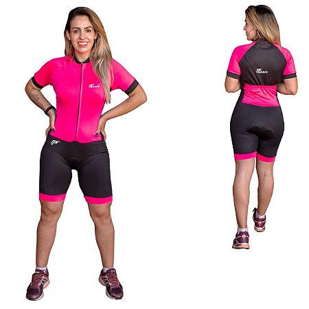 Macaquinho ciclismo bike manga curta feminino forro gel - Rosa Neon