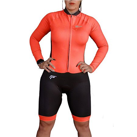 Macaquinho ciclismo bike manga Longa feminino forro gel - Laranja Neon