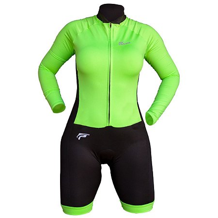 Macaquinho ciclismo bike manga longa feminino forro gel - Verde Neon
