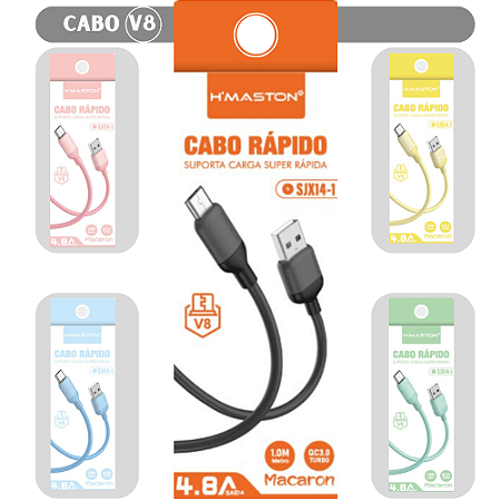 Cabo USB Carregador para Smartphone, Tablet Android, Tipo-V8  Carregamento Super Rápido - 1 M