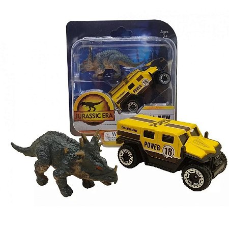 Kit Jurassic Era - Dinossauro Emborrachado Com Carrinho Metal Amarelo