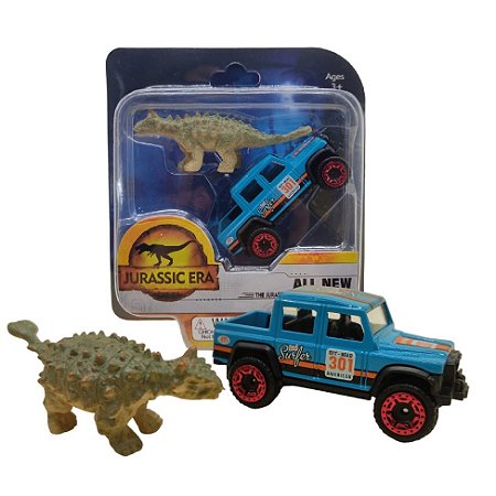 Kit Jurassic Era - Dinossauro Emborrachado Com Carrinho Metal Azul