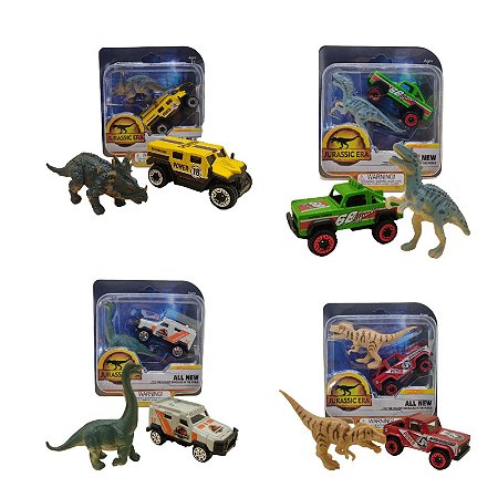 Kit com 4 Jurassic Era - Dinossauro Emborrachado mais Carrinho de Metal_1