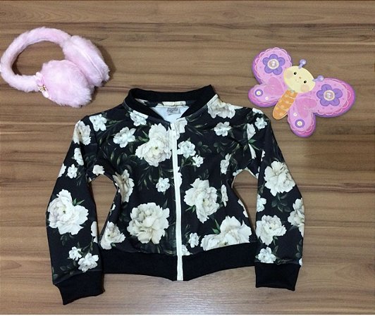Jaqueta Bomber Preta Floral