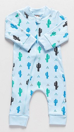 Macacão Bebê Suedine Algodão Azul Claro Cacto