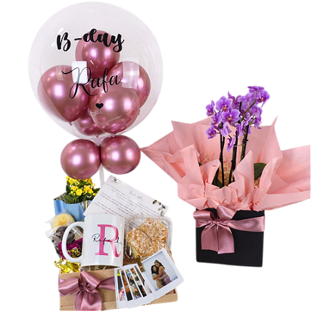 Café da Manhã Doce Encanto com Balão Bubble, Caneca e Orquídea