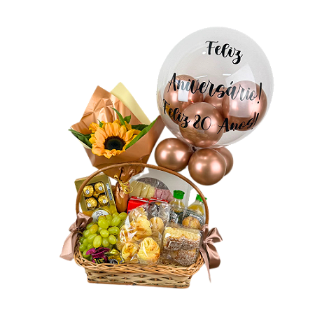 Cesta de Café da Manhã com frios , pães, chocolate, suco, girassol e Balão Personalizado