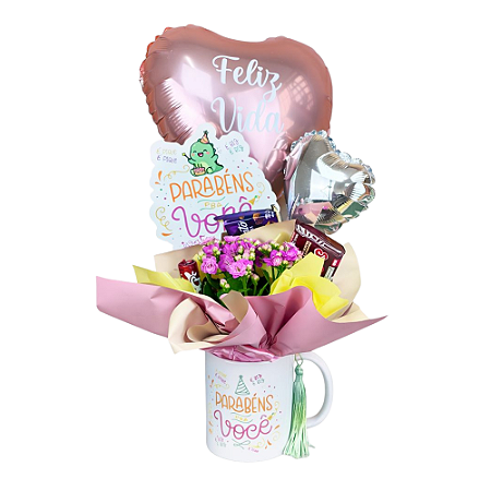 Kit Caneca Personalizada Parabéns Pra Você Com Mini Flor e Chocolates