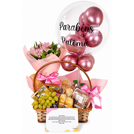 Cesta de Café da Manhã com frios , pães, chocolate, suco, astromelia e Balão Personalizado