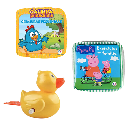 Kit 3 Peças Brinquedos de Banheira Bebê Infantil - Livrinho e Patinho de Banho (Pato de corda, Galinha Pintadinha e Peppa Pig)
