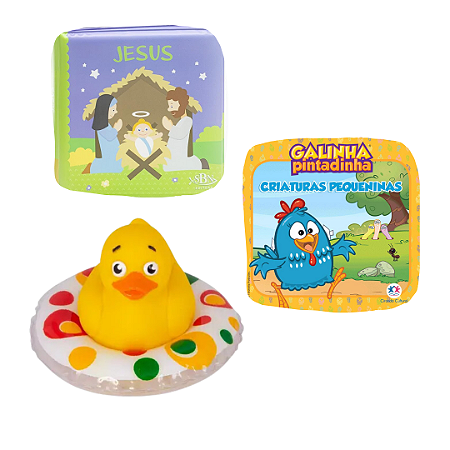 Kit 3 Peças Brinquedos de Banheira Bebê Infantil - Livrinho e Patinho de Banho (Pato borracha, Galinha Pintadinha e Jesus)