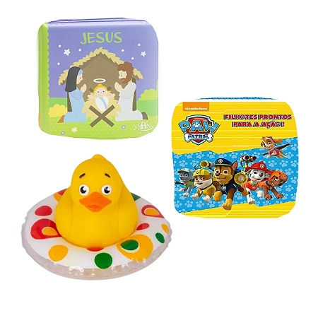 Kit 3 Peças Brinquedos de Banheira Bebê Infantil - Livrinho e Patinho de Banho (Pato borracha, Patrulha Canina e Jesus)