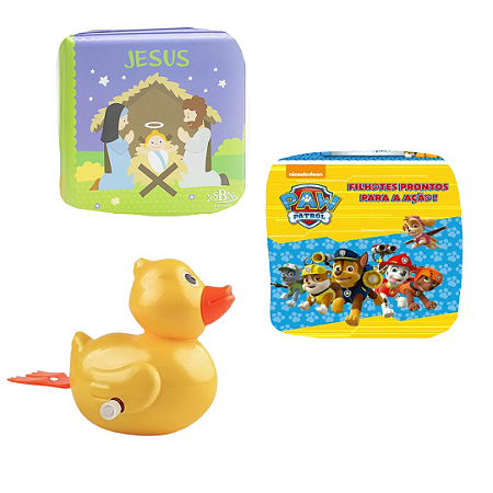 Kit 3 Peças Brinquedos de Banheira Bebê Infantil - Livrinho e Patinho de Banho (Pato de corda, Patrulha Canina e Jesus)