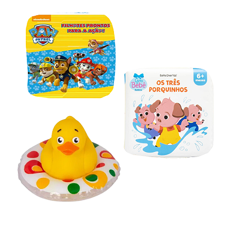 Kit 3 Peças Brinquedos de Banheira Bebê Infantil - Livrinho e Patinho de Banho (Pato borracha, Patrulha Canina e Os 3 Porquinhos)