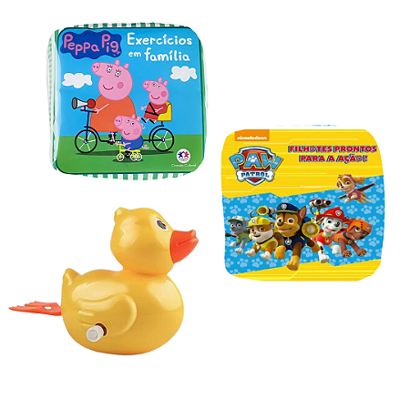 Kit 3 Peças Brinquedos de Banheira Bebê Infantil - Livrinho e Patinho de Banho (Pato de corda, Peppa Pig e Patrulha Canina)