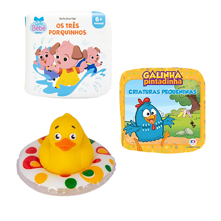 Kit 3 Peças Brinquedos de Banheira Bebê Infantil - Livrinho e Patinho de Banho (Pato borracha, Os 3 Porquinhos e Galinha Pintadinha)
