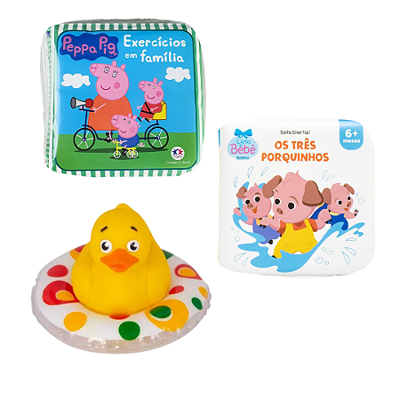 Kit 3 Peças Brinquedos de Banheira Bebê Infantil - Livrinho e Patinho de Banho (Pato borracha, Peppa Pig e Os 3 Porquinhos)