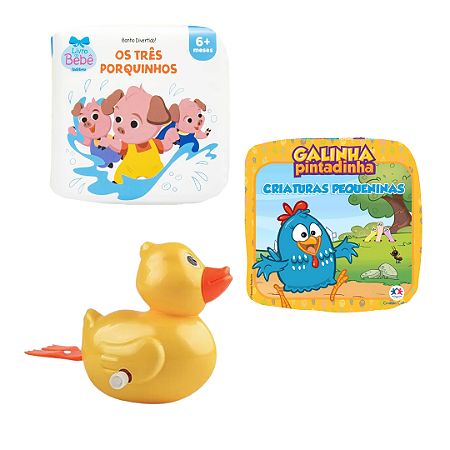 Kit 3 Peças Brinquedos de Banheira Bebê Infantil - Livrinho e Patinho de Banho (Pato de corda, Os 3 Porquinhos e Galinha Pintadinha)
