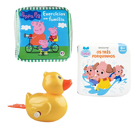 Kit 3 Peças Brinquedos de Banheira Bebê Infantil - Livrinho e Patinho de Banho (Pato de corda, Peppa Pig e Os 3 Porquinhos)
