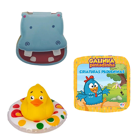 Kit 3 Peças Brinquedos de Banheira Bebê Infantil - Livrinho e Patinho de Banho (Pato borracha, Hipopótamo e Galinha Pintadinha)