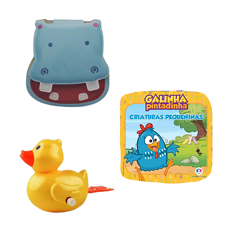 Kit 3 Peças Brinquedos de Banheira Bebê Infantil - Livrinho e Patinho de Banho (Pato corda, Hipopótamo e Galinha Pintadinha)