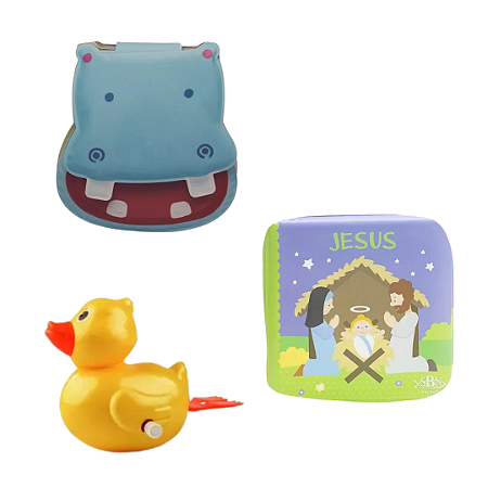 Kit 3 Peças Brinquedos de Banheira Bebê Infantil - Livrinho e Patinho de Banho (Pato corda, Hipopótamo e Jesus)