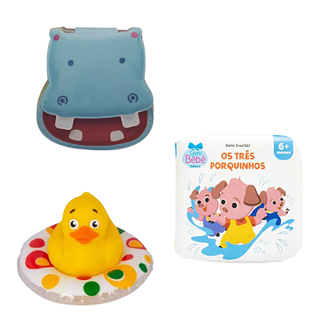 Kit 3 Peças Brinquedos de Banheira Bebê Infantil - Livrinho e Patinho de Banho (Pato borracha, Hipopótamo e Os Três Porquinhos)