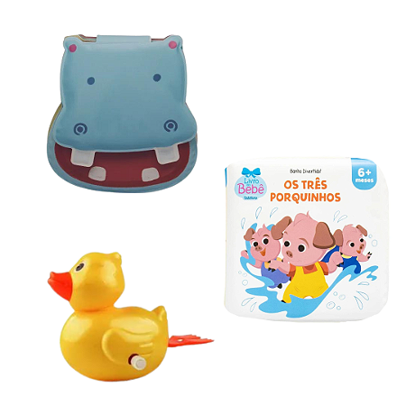 Kit 3 Peças Brinquedos de Banheira Bebê Infantil - Livrinho e Patinho de Banho (Pato corda, Hipopótamo e Os Três Porquinhos)