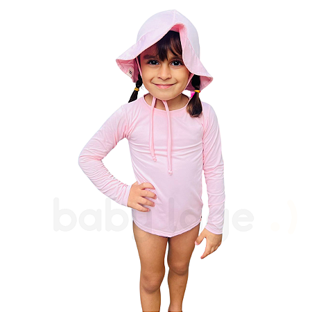 Kit Camiseta Manga Longa e Chapéu de praia piscina proteção uv infantil bebê (Rosa claro)