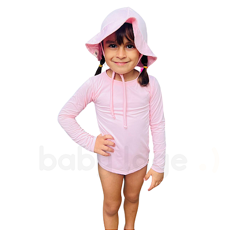 Kit Camiseta UV Manga Longa + Chapéu de Praia Bebê FPU 50+ Rosa claro