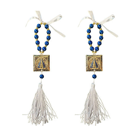 Kit com 2 Mini Terço Azul com Medalha Quadrada de Nossa Senhora Aparecida e Tassel