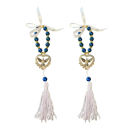 Kit com 2 Mini Terço Azul com Pingente do Espírito Santo em Coração e Tassel