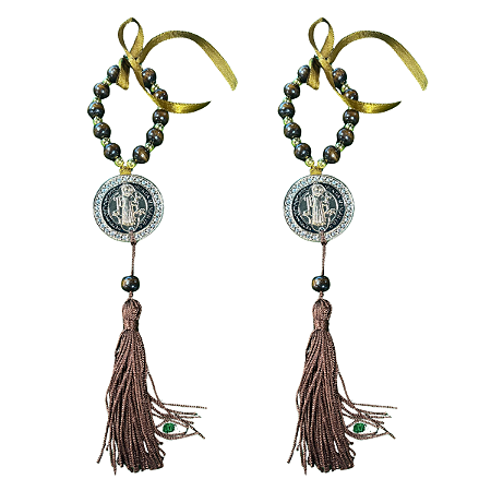 Kit com 2 Mini Terço Marrom com Medalha de São Bento e Tassel Religioso