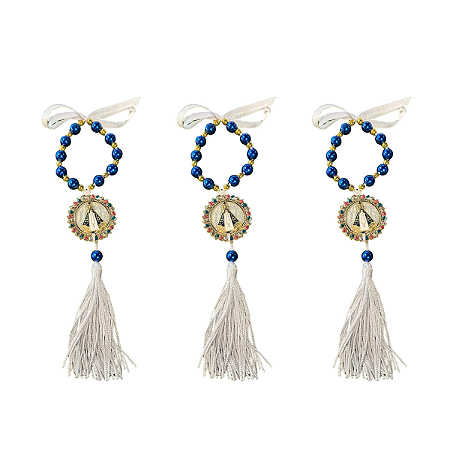 Kit com 3 Mini Terço Azul com Medalha Redonda de Nossa Senhora Aparecida e Tassel