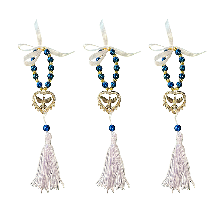 Kit com 3 Mini Terço Azul com Pingente do Espírito Santo em Coração e Tassel
