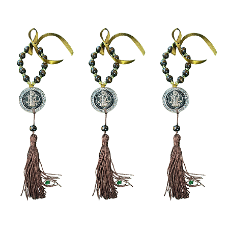 Kit com 3 Mini Terço Marrom com Medalha de São Bento e Tassel Religioso