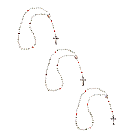 Kit com 3 Terço de Cristal Transparente com Detalhes Vermelhos e São Miguel Arcanjo
