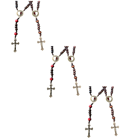 Kit com 3 Terço do Casal em Madeira com Crucifixo e Medalha Religiosa