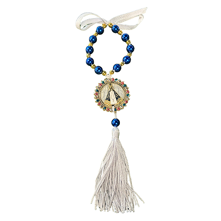 Mini Terço Azul com Medalha Redonda de Nossa Senhora Aparecida e Tassel