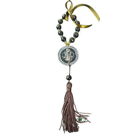 Mini Terço Marrom com Medalha de São Bento e Tassel Religioso