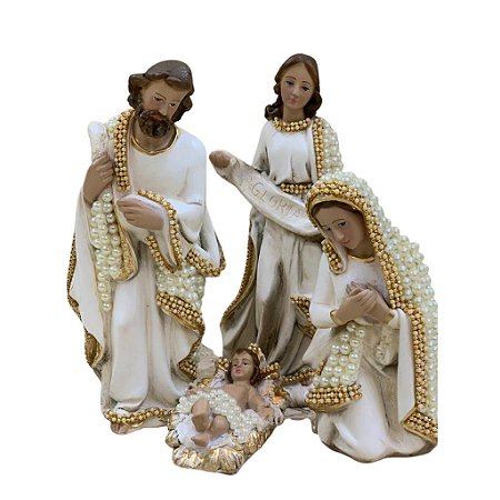 Presépio de Natal Perolado Branco 4 Peças Sagrada Família 30cm