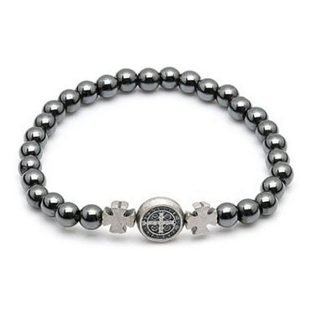 Pulseira de Hematita com Medalha de São Bento Ajustável Religiosa