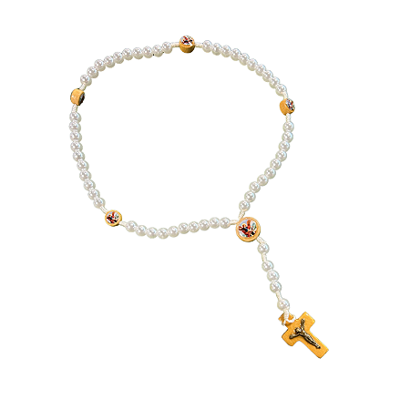 Terço de Pérola Branco com Crucifixo e Imagens de São Miguel Arcanjo