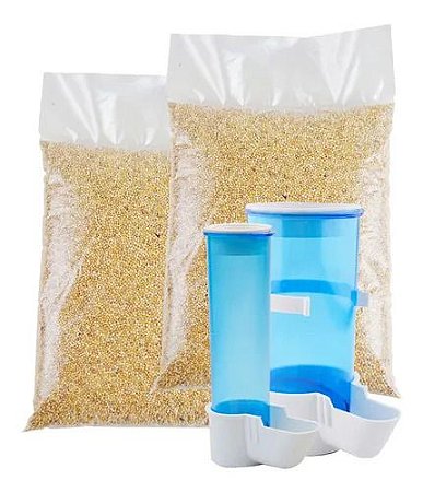 COMBO Painço Semente Para Pássaros 2kg Com Comedouros Malha Larga