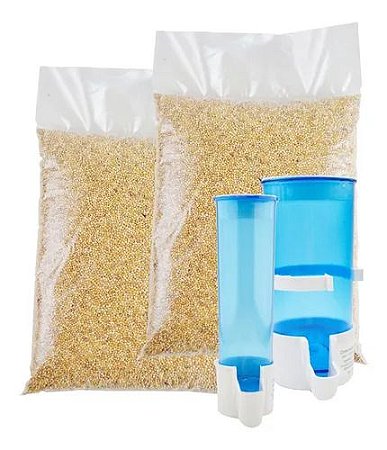 COMBO Painço Semente Para Pássaros 2kg Com Comedouros Malha Fina