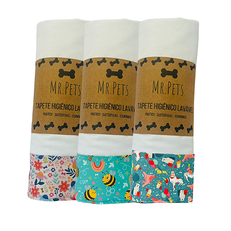 Kit 3 c/ Tapetes Laváveis - Abelhas amigas, Meu jardim e Festa pra cachorro